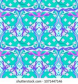  Colorful vector seamless pattern. Fantasy luxury texture for wallpapers, backgrounds and page fill.Hand-drawn  flower element in neon pastel colors. Retro gothic style. 