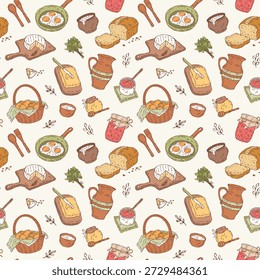 Vetor colorido padrão sem emenda da cozinha da fazenda: cesta com ovos, pão, queijo, manteiga, mel, geleia, jarra de leite, verde e leitelho. Perfeito para têxteis, embalagens e designs de cozinha