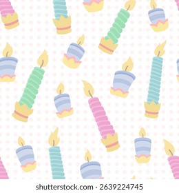 Colorful vector seamless pattern featuring colorful candles with flames on a dotted pink background