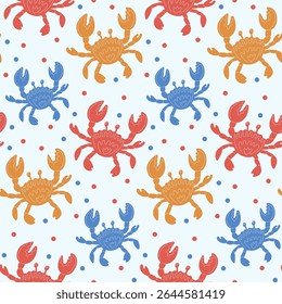 Colorful vector seamless pattern featuring crabs in vibrant hues with playful dots on a light background