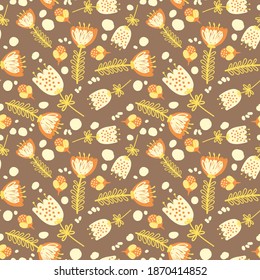 Colorful Vector Seamless pattern with flowers and doodles on brown background
