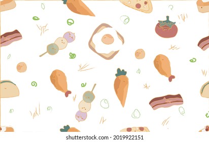 Colorful vector seamless pattern with fruit and snacks, cute, summer food and fruit background.