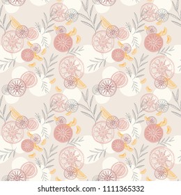 Colorful vector seamless pattern with fruits, lime and orange, leaves.