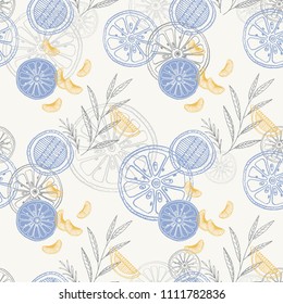 Colorful vector seamless pattern with fruits, lime and orange, leaves.