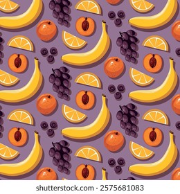 Colorful vector seamless pattern with fruits. Banana, lemon, grapes and apricot isolated on purple background