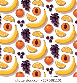 Colorful vector seamless pattern with fruits. Banana, lemon, grapes and apricot isolated on white background