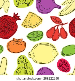 Colorful vector seamless pattern with fruits. Abstract healthy food background with fruits for wallpaper, web page background, wrapping, textile and scrapbook.