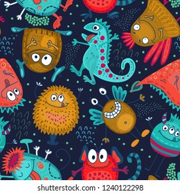 Colorful vector seamless pattern with funny monsters. Cute endless background