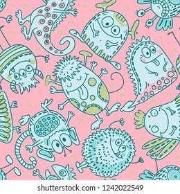 Colorful vector seamless pattern with funny monsters. Cute endless background