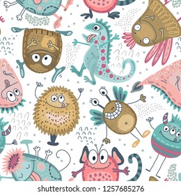 Colorful vector seamless pattern with funny monsters. Cute endless background