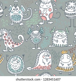Colorful vector seamless pattern with funny monsters. Cute endless background