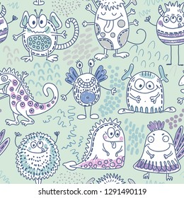 Colorful vector seamless pattern with funny monsters. Cute endless background