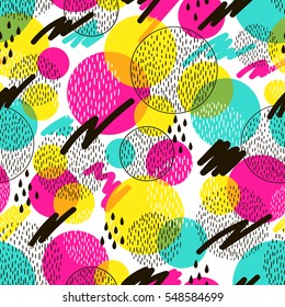 colorful vector seamless pattern with geometric shapes on white background. retro vintage abstract art print. fashion 80s-90s. memphis style design backdrop