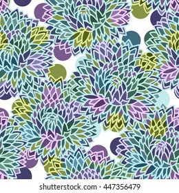 Colorful vector seamless pattern. Green and blue flowers and petals.