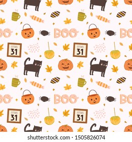Colorful Vector seamless pattern for Halloween in hand drawn style. Halloween background.