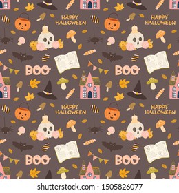 Colorful Vector seamless pattern for Halloween in hand drawn style. Halloween background.