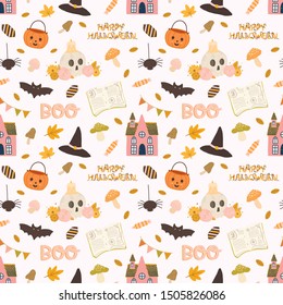 Colorful Vector seamless pattern for Halloween in hand drawn style. Halloween background.