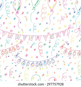 Colorful Vector seamless pattern of Hand drawn doodles Celebratory attributes: balloons, garlands with flashlights and buntings flags, serpentine and confetti. Festive background. Holiday Wallpaper.