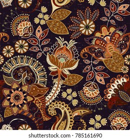 Colorful vector seamless pattern. Hand drawn illustration with paisley and decorative flowers
