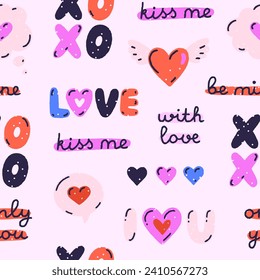 Colorful vector seamless pattern of hearts, speech bubbles, quotes on light background. Love and passion. Valentine's Day. Hand drawn style. Print for fabrics, wallpaper, wrapping paper, gift bags