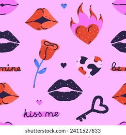 Colorful vector seamless pattern of hearts, rose, kiss on pink background. Love and passion. Valentine's Day. Hand drawn style. Print for fabrics, wallpaper, wrapping paper, gift bags