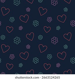 Patrón inconsútil de Vector colorido con corazones y flores en tonos neón