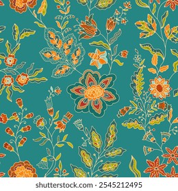 A colorful vector seamless pattern with intricate botanical elements on a teal background. Perfect for textiles, wallpaper, or decorative projects.