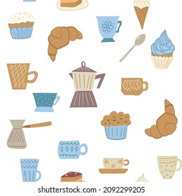 Colorful vector seamless pattern for kitchen and cafe design. Hand drawn colorful cups and coffee pots can be used for textile, fabric, table cloth, napkin. towel. mud, dish, kitchen utensils designs