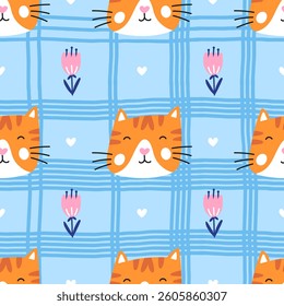 Colorful vector seamless pattern with kittens and flowers. Ideal for kids products, wrapping paper, and trendy fashion designs. Fun and playful print