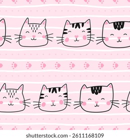 Colorful vector seamless pattern with kittens and flowers. Ideal for kids products, wrapping paper, and trendy fashion designs. Fun and playful print