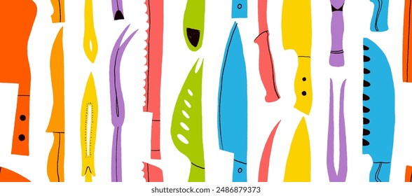 Patrón sin fisuras de Vector colorido con cuchillos en estilo doodle de dibujos animados. Fondo de pantalla lindo dibujado a mano con un motivo de cocina. Cocinar accesorios de colección. Servicio de comida, restaurante o concepto de tienda.
