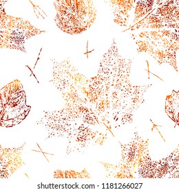 Colorful vector seamless pattern with leaves stamps. Autumn natural grunge background.