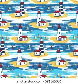 Colorful vector seamless pattern with lighthouse landscape