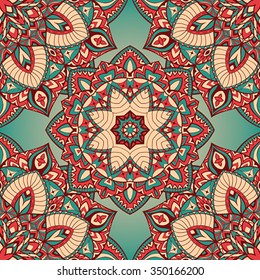 Colorful vector seamless pattern of mandalas. Abstract oriental ornament on a blue background. Template for design shawls, carpets, wallpaper, textiles, bedspreads.