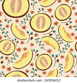 Colorful vector seamless pattern with melons, stems and flowers for your design