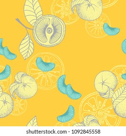 Colorful vector seamless pattern with oranges on the yellow background. Hand drawn Fruits. Simple Lines.
