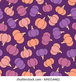 Colorful vector seamless pattern with purple, pink, yellow and orange pumpkins. Halloween creative 
design.