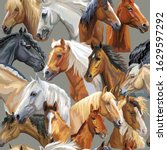 Colorful vector seamless pattern with realistic portraits of horses breeds. Vector colorful background with portraits of horses. Illustration is good for postcards, design and posters.