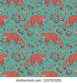 Colorful vector seamless pattern of red panda. Decoration print for wrapping, wallpaper, fabric, textile.