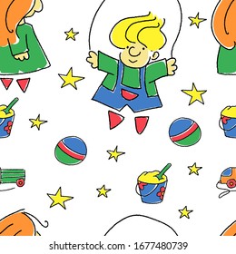 Farbige Vektorillustration nahtloses Muster im Retro-Doodle-Stil, kleine Kinder spielen fröhlich mit Spielzeug.