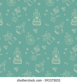Colorful vector seamless pattern with retro robots. Good for kids fashion. 