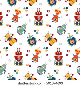 Colorful vector seamless pattern with retro robots. Good for kids fashion. 