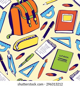 Colorful vector seamless pattern School supplies. Bright green, blue, yellow, orange and red elements drawn in doodle style on light background. Back to school theme.