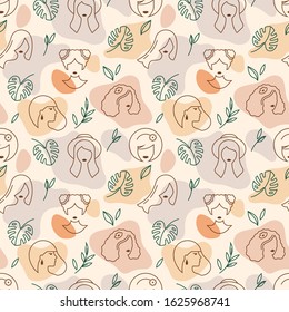 Colorful vector seamless pattern of silhouettes of women in a linear style with inscriptions beautiful font. On vector noised background.