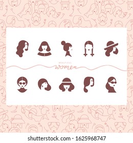 Colorful vector seamless pattern of silhouettes of women in a linear style with inscriptions beautiful font. On vector noised background.