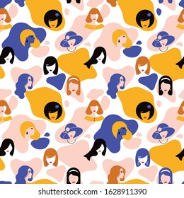Colorful vector seamless pattern of silhouettes of women in a linear style with inscriptions beautiful font. On vector noised background.