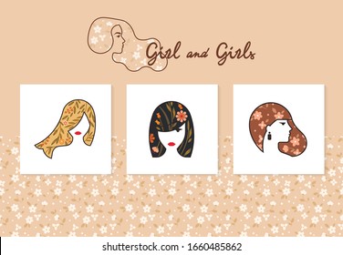 Colorful vector seamless pattern of silhouettes of women in a linear style with inscriptions beautiful font. On vector noised background.