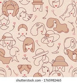 Colorful vector seamless pattern of silhouettes of women in a linear style with inscriptions beautiful font. On vector noised background.
