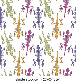 Colorful vector seamless pattern with skeletons of lizards
