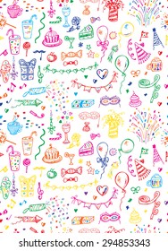 Colorful Vector seamless pattern of sketches and line doodles Celebratory attributes. Festive background. Holiday Wallpaper.